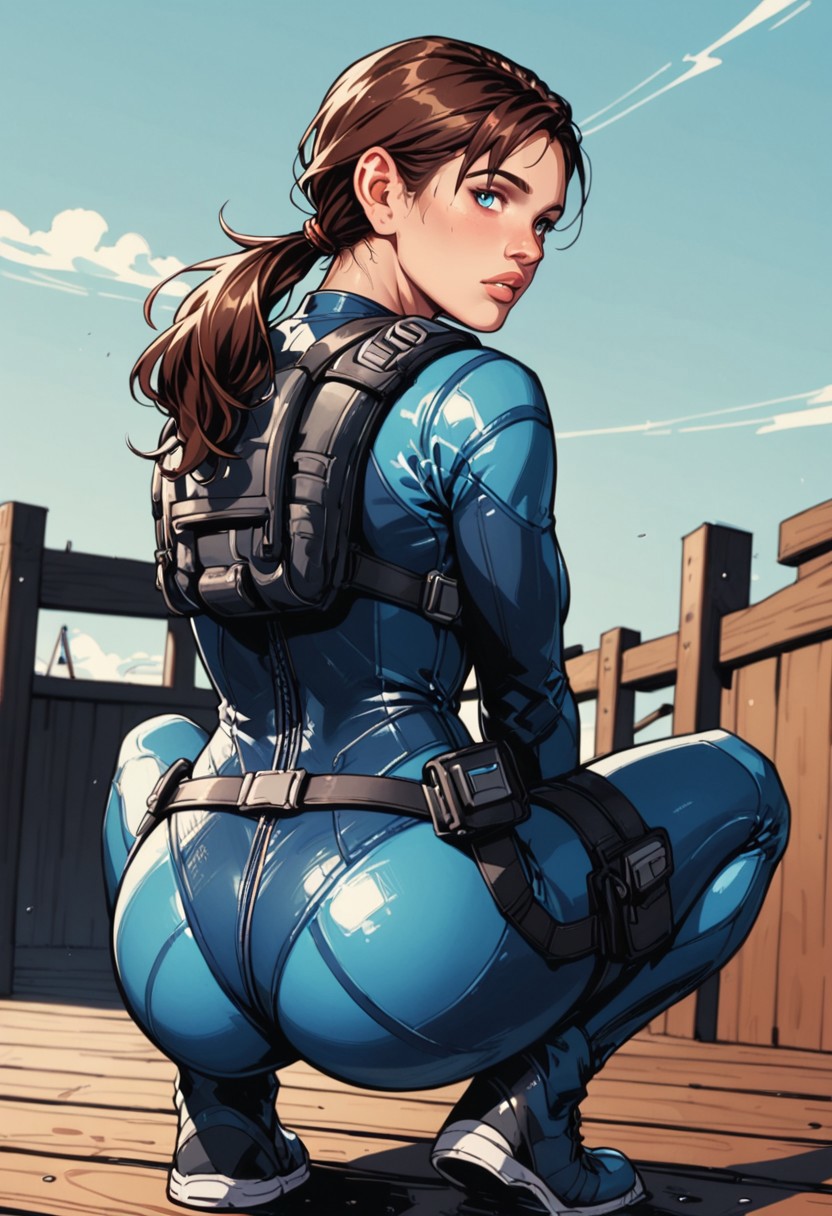 commix style, zPDXL3, PnyCmicXLPOS, detailxl, perspective, from behind, solo, (1girl), woman (RREVJill), brown hair, long hair, ponytail, blue eyes, age 30, crouching, posing, looking back, perfect quality, perfect eyes, detailed lips, (long legs, perfect ass, thigh gap), wetsuit, blue bodysuit,  thigh holster, outdoors, pier, depth of field