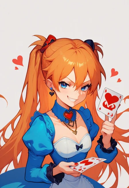 score_9, score_8_up, score_7_up, 1girl, alice in wonderland style, Asuka Langley, blue dress, detached collar, Queen of Hearts, holding card, smug grin