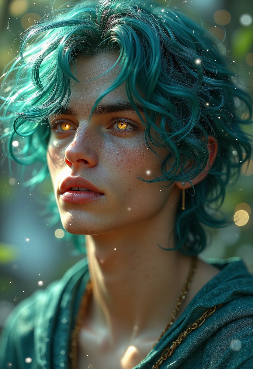 A man with striking teal hair, the color shifting like ocean waves under sunlight. His hair flows in soft waves around his face, giving him an ethereal, almost magical appearance. His eyes glow with a calming, serene light. Center pose.