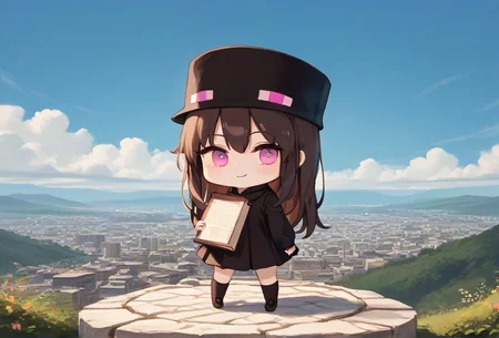 enderman-chan, enderman hat, black hat, chibi, a verdant overgrown Metropolitan Cathedral of Brasília, charcoal drawing, The Veiled Virgin Statue by Ranson Paul covered in unsupported cellophane centered in a city, a hushed beagle, lowbrow, 1girl, solo, colourful, score_9, score_8_up, score_7_up, masterpiece, best quality, very aesthetic