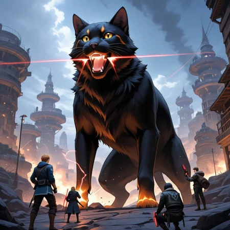 score_9, score_8_up, score_7_up,score_9, score_8_up, score_7_up, scenery, apocalyptic world, BREAK, cats and dogs fighting with laser guns, ((High fantasy art style)), ((Masterpiece), (absurdres), (shadowy), (mysterious)