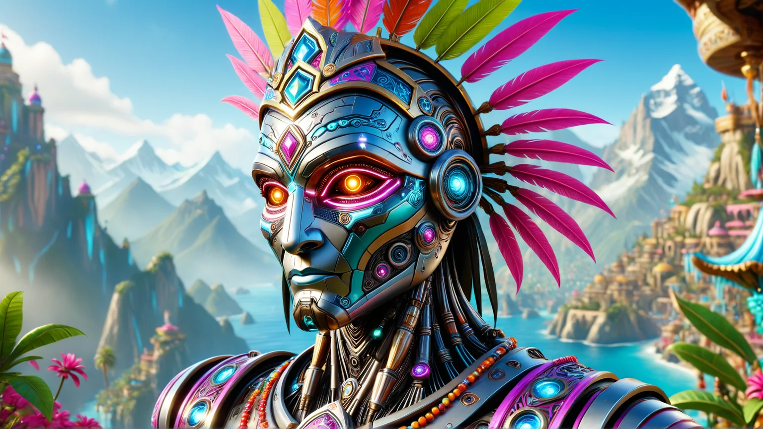made out of robotlora ral-gamingrig, stylized by Anthony Day, Amy Judd, close up of a Indian (robot:1.3) , Homely and Gorgeous, in a World of Warcraft setting, he is wearing a Psychedelic and Vivid Mahotella that was designed by Pirates of the Caribbean, It is Shabby Chic and Decorative, mountains, behance, film grain, Sony A7, F/5, Kodak portra, Flickr, <lora:Robot_SDXL:0.5> <lora:ral-gamingrig-sdxl:0.7>, dynamic dramatic beautiful full taking, highly decorated, fabulous colors, exquisite color, elaborate