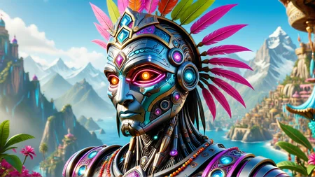 made out of robotlora ral-gamingrig, stylized by Anthony Day, Amy Judd, close up of a Indian (robot:1.3) , Homely and Gorgeous, in a World of Warcraft setting, he is wearing a Psychedelic and Vivid Mahotella that was designed by Pirates of the Caribbean, It is Shabby Chic and Decorative, mountains, behance, film grain, Sony A7, F/5, Kodak portra, Flickr, <lora:Robot_SDXL:0.5> <lora:ral-gamingrig-sdxl:0.7>, dynamic dramatic beautiful full taking, highly decorated, fabulous colors, exquisite color, elaborate