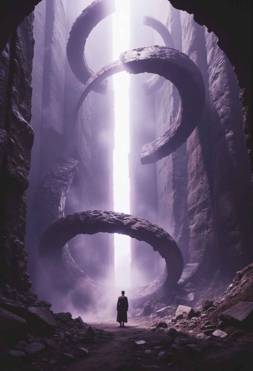 Floating stone labyrinth suspended in a surreal void, colossal ancient blocks spiraling mid-air, glowing white light piercing through the center. Twisting metallic rings orbit the light, casting shadows on the fragmented ruins below. Thick mist blankets the lower sections, creating a sense of infinite depth. The atmosphere is heavy with dust and an otherworldly glow, tinged in muted purple and gray tones. Vast scale, off-center framing with scattered debris, evoking a feeling of weightlessness and forgotten cosmic power.