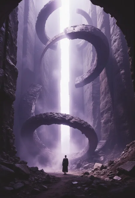 Floating stone labyrinth suspended in a surreal void, colossal ancient blocks spiraling mid-air, glowing white light piercing through the center. Twisting metallic rings orbit the light, casting shadows on the fragmented ruins below. Thick mist blankets the lower sections, creating a sense of infinite depth. The atmosphere is heavy with dust and an otherworldly glow, tinged in muted purple and gray tones. Vast scale, off-center framing with scattered debris, evoking a feeling of weightlessness and forgotten cosmic power.