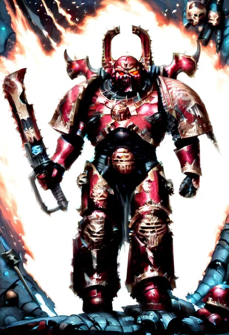 Score_9_up, absurdres, Source: GamesWorkshop, best quality, expressive eyes, perfect face, space marine, World Eaters Traitor Astartes Chapter Exalted Eightbound Berserker holding a chainsword, red armor, spiked horned astartes helmet, full body, volumetric lighting project unreal engine, mantisdetailerse, <lora:warhammerAdeptus_v1:0.7>,