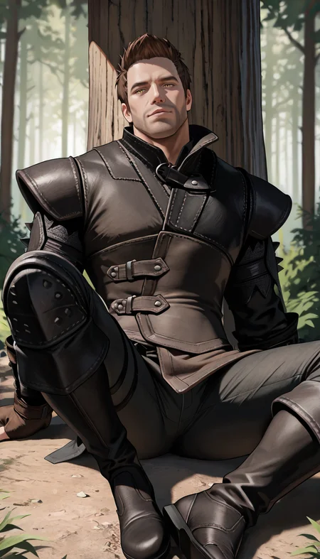 masterpiece, best quality, newest, perfect quality, best quality, detailed background, intricate details, male focus, solo, <lora:Skyrim Romance Mod - Bishop - Illustrious 2-000007:0.7>, srm_bishop, 1boy, mature male, brown hair, very short hair, yellow eyes, stubble, leather armor, fingerless gloves, pants, boots, sitting, on ground, forest, against tree, looking at viewer, head tilt, muscular