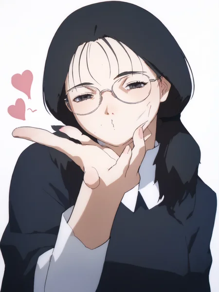 woman, 20 y/o, 20 year old, 20 year old woman, adult, score_9, score_8_up, score_7_up, score_6_up, score_5_up, BREAK masterpiece, high quality, perfect hands, white background, <lora:Yomoda_Chisa_PDXLv0-e55:0.8> yomoda chisa, glasses, small breasts, black dress, <lora:FrierenBlowingKissMeme_XLPD:1> IncrsBlowingKiss, heart, blowing kiss