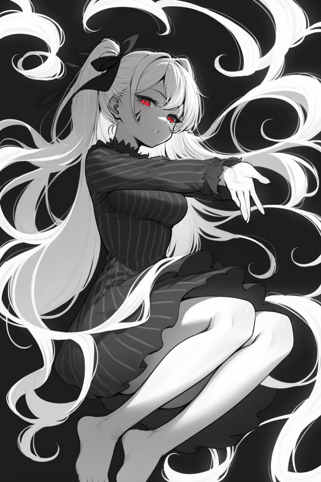 score_9, score_8_up, score_7_up, matou sakura, dark sakura, 1girl, black dress, body markings, breasts, dress, hair ribbon, long hair, long sleeves, red eyes, ribbon, striped clothes, striped dress, vertical-striped clothes, vertical-striped dress, white hair, solo, solo focus, cowboy shot, simple background, black background, monochrome, greyscale, dark  Sitting with legs stretched out, reaching for toes., spot color, <lora:dblack:1>