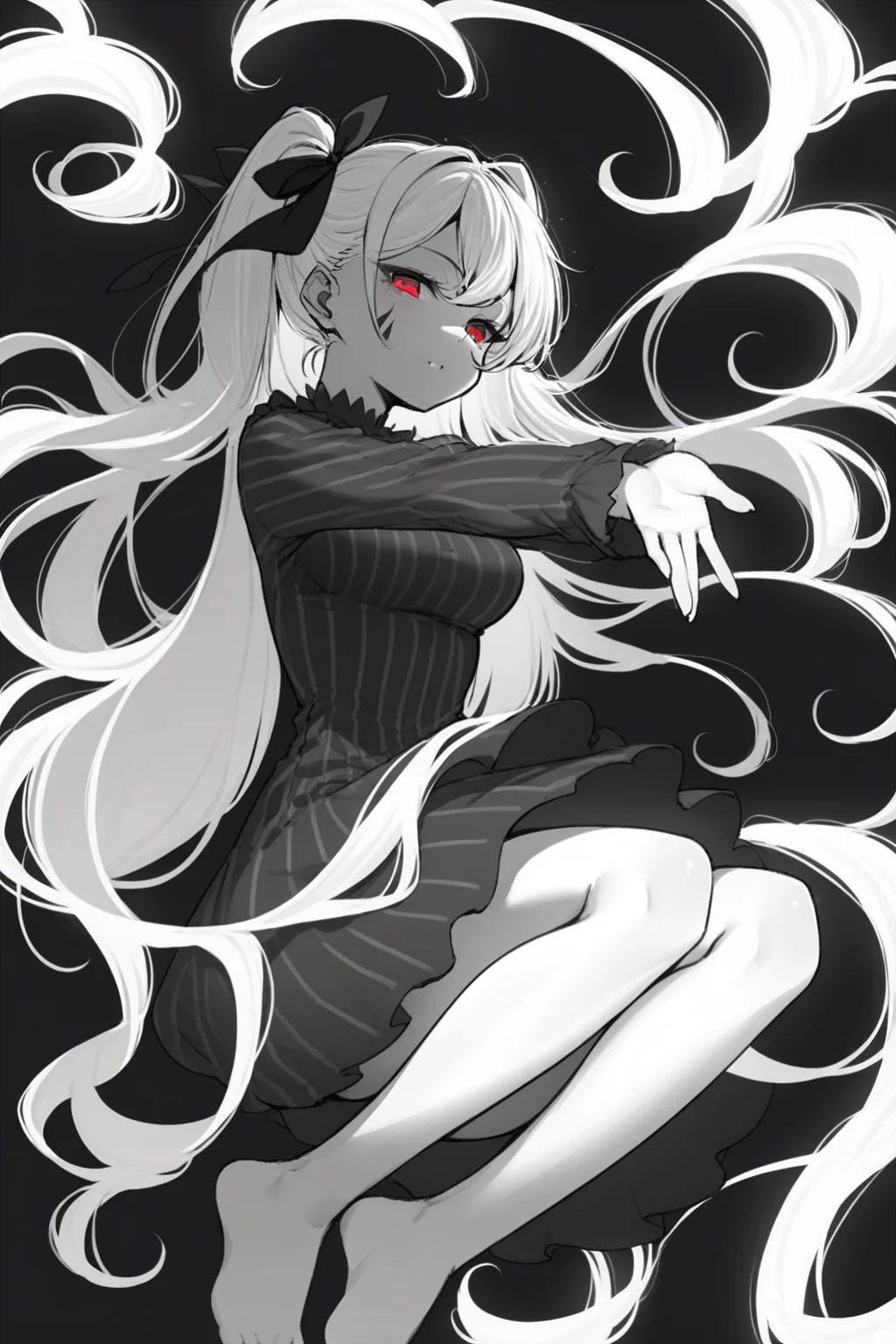 score_9, score_8_up, score_7_up, matou sakura, dark sakura, 1girl, black dress, body markings, breasts, dress, hair ribbon, long hair, long sleeves, red eyes, ribbon, striped clothes, striped dress, vertical-striped clothes, vertical-striped dress, white hair, solo, solo focus, cowboy shot, simple background, black background, monochrome, greyscale, dark Sitting with legs stretched out, reaching for toes., spot color, <lora:dblack:1>