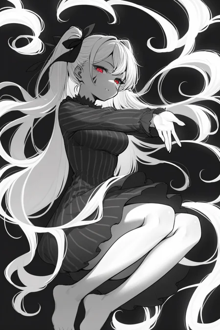 score_9, score_8_up, score_7_up, matou sakura, dark sakura, 1girl, black dress, body markings, breasts, dress, hair ribbon, long hair, long sleeves, red eyes, ribbon, striped clothes, striped dress, vertical-striped clothes, vertical-striped dress, white hair, solo, solo focus, cowboy shot, simple background, black background, monochrome, greyscale, dark  Sitting with legs stretched out, reaching for toes., spot color, <lora:dblack:1>