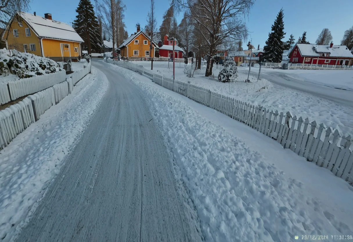 shit_cm_shot, photograph, winter village, snow-covered street, wooden fence, houses, pastel colors, red and yellow buildings, snow on roofs, clear blue sky, morning light, soft shadows, calm river, trees without leaves, leading lines, rule of thirds, camera angle from ground level, peaceful atmosphere, serene, quiet, cozy, winter scene, European village, snowy path, no people