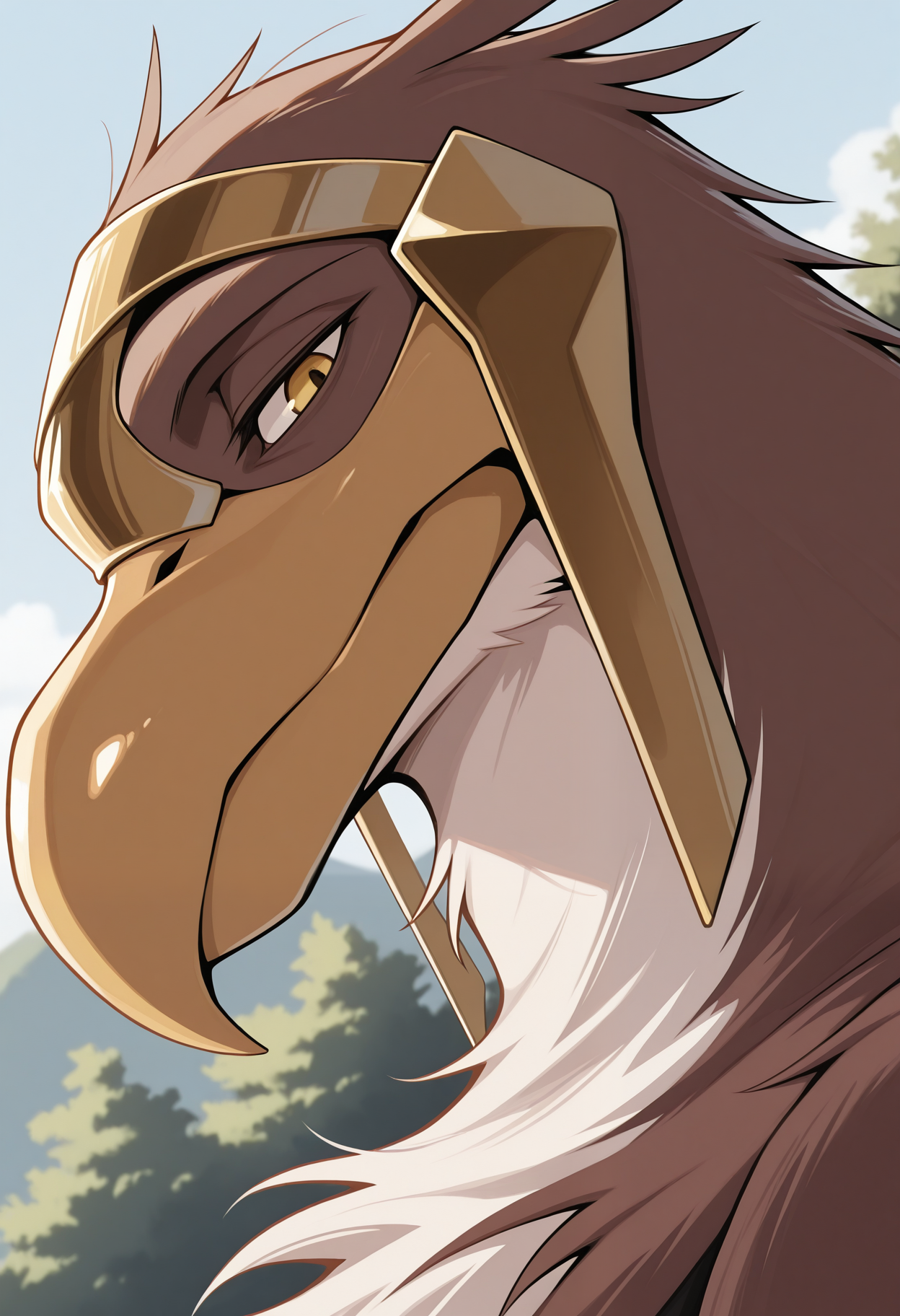 masterpiece,best quality,amazing quality, 1boy, solo, b34kw00d, bird boy, brown feathers, yellow eyes, mature male, gold helmet, close up, side angle, outdoors,