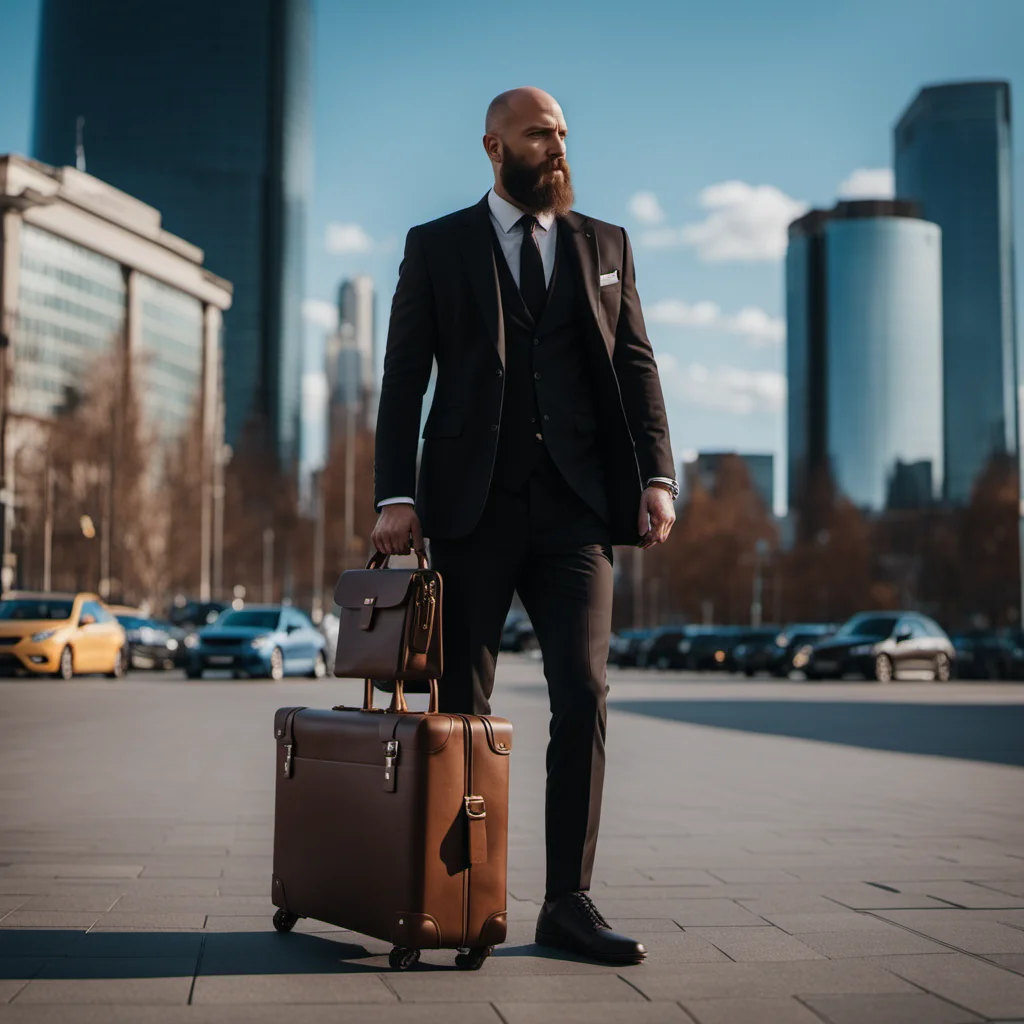 cinematic photo a bald bearded man, full body, in a modern stylish suit, briefcase, city background <lora:Kratos1024-000510:0.7> . 35mm photograph, film, bokeh, professional, 4k, highly detailed