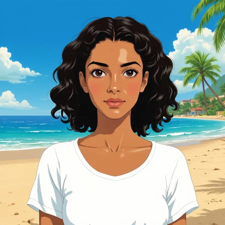 an anime style illustration of a 30yo egyptian woman with dark curly hair and light brown skin, wearing a white t-shirt, on the beach with palm trees. with attention of the face.