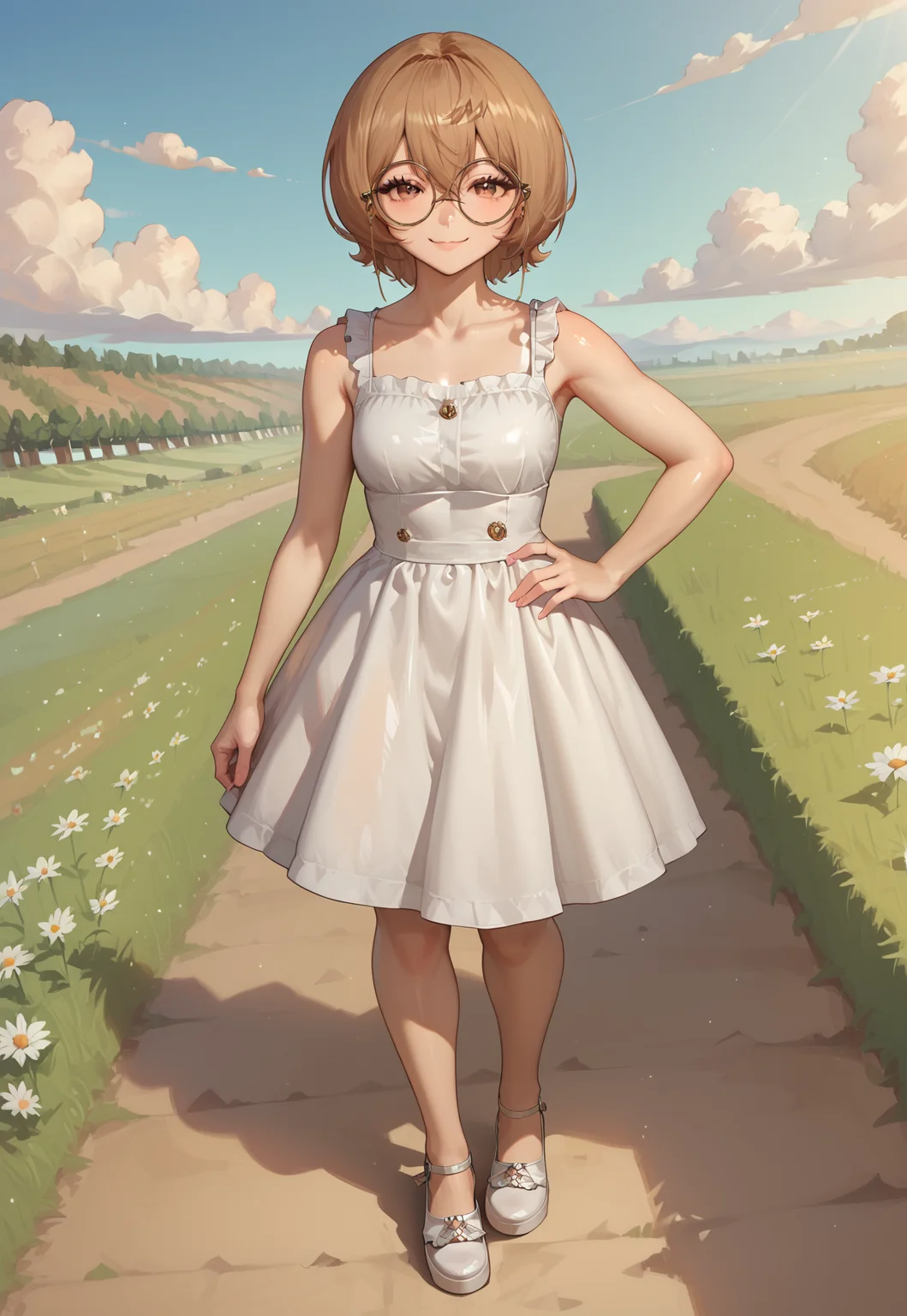 score_9, score_8_up, score_7_up, score_6_up, source anime, absurdres, masterpiece, best quality, very aesthetic, background, outdoors, fields, ((plain fields)),1girl,ClioAitePC, short hair, glasses, bangs, round eyewear, brown eyes, brown hair, hair between eyes, shiny skin, (((sundress))), light green sundress, windy, looking at viewer, happy, smile, smug, hand on own hip, contrapposto, dutch angle, full body, morimee_style