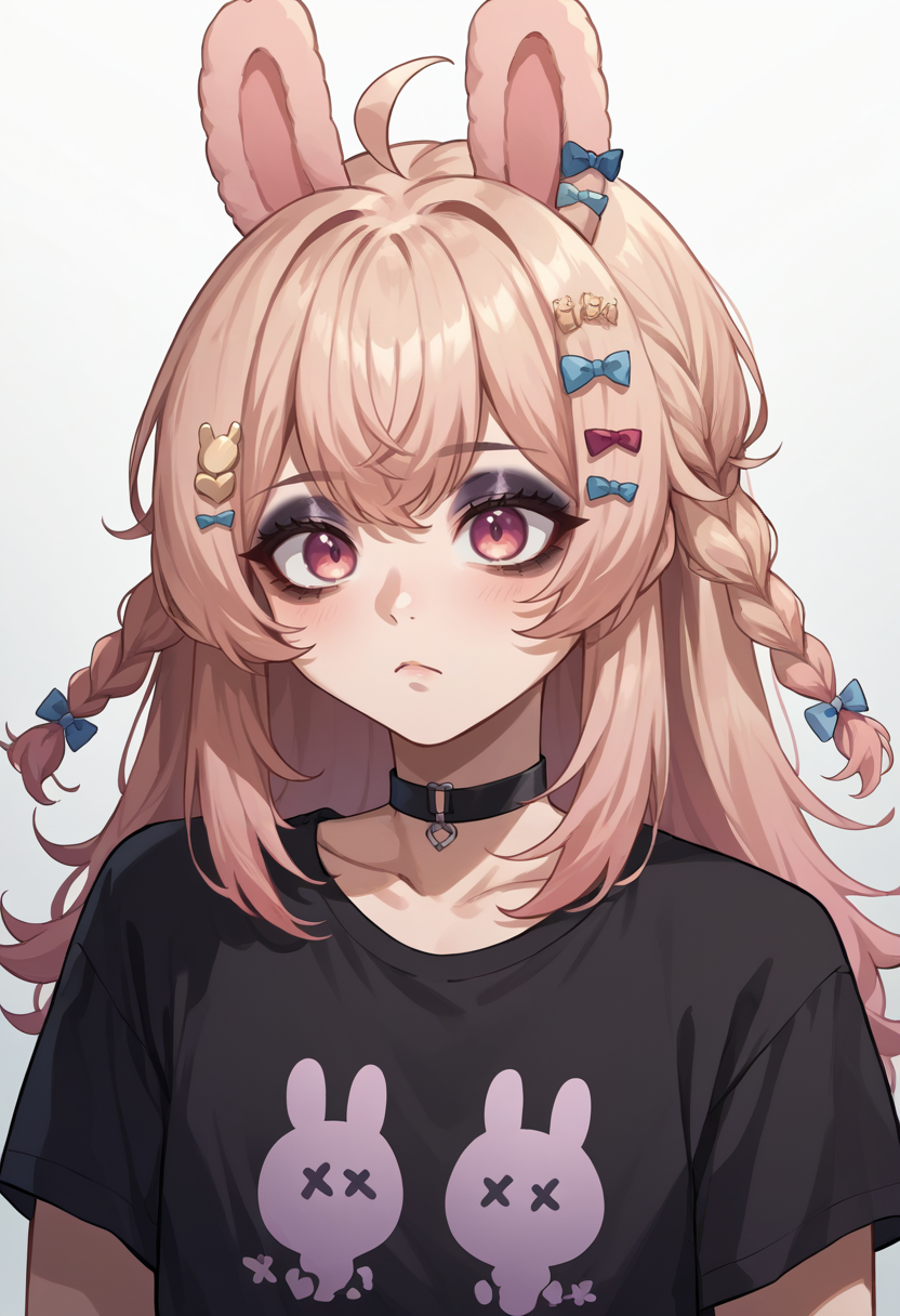 score_9, score_8_up, source_anime, PippaPipkin, long hair, braid, ahoge, hair ornament, hair bow, black shirt, t-shirt, black choker, goth, eyeliner, eyeshadow, <lora:ChamPippaPipkinPonyXL-000008:1>