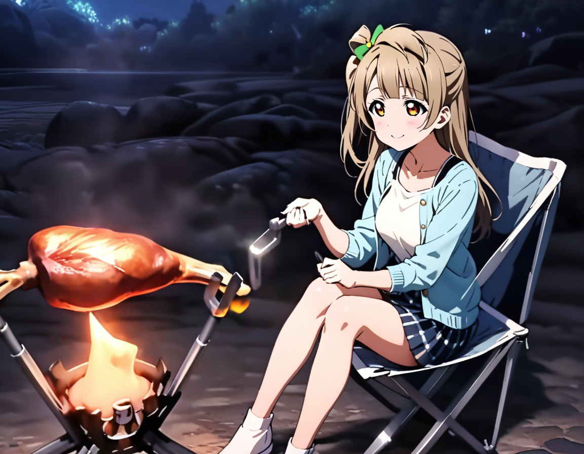 masterpiece, best quality, ultra detailed, highres,4k,(ultra-detailed:1.4) (illustration:0.5), (ray tracing,:0.8),(anime colored:0.7),(ai-generated:0.5),
1girl,solo,
minami kotori, love live!,
casual wear,skirt,
smile,
night,
<lora:jyouzuniyakemasitaXL1:1>,jyouzuniyakemasita,
campfire,grilling,flame,cooking,boned meat,sitting,folding chair,