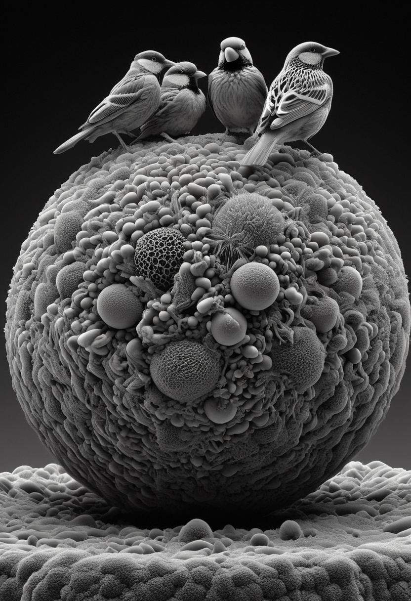 birds on a ball under an electron microscope, 8k, F2.8, ultra detailed,  El3ctr0nStyle,  <lora:ElectronStyle:1>