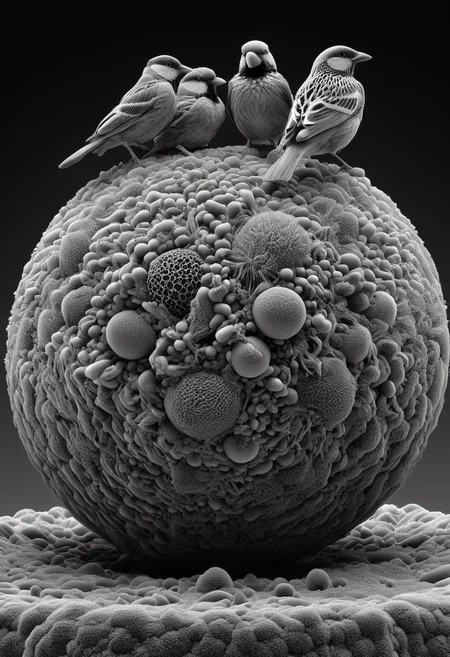 birds on a ball under an electron microscope, 8k, F2.8, ultra detailed, El3ctr0nStyle, <lora:ElectronStyle:1>