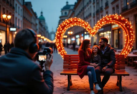 A realistic scene of an old photographer photographing lovers sitting on a heart-shaped bench made of burning garlands of light with a mirrored camera. Two of them.A black man and a European man are gently hugging a beautiful plump 20-year-old girl, who is glowing with happiness holding the guys' hands. The background is a winter evening in Berlin, evening streets, burning bright lights of street lighting and advertising, walking Germans.
