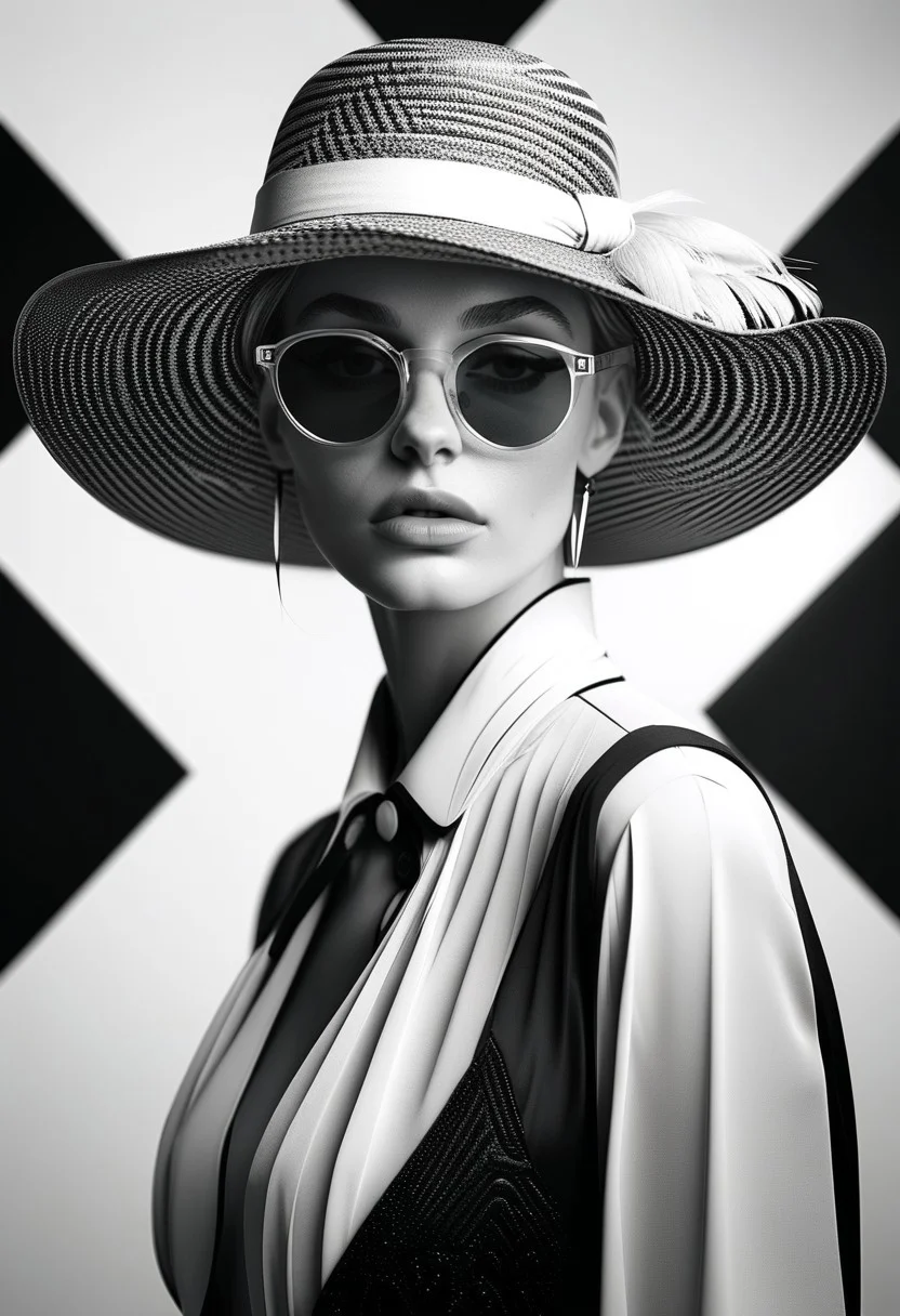 A woman with a large wide brimmed hat, black and white photography