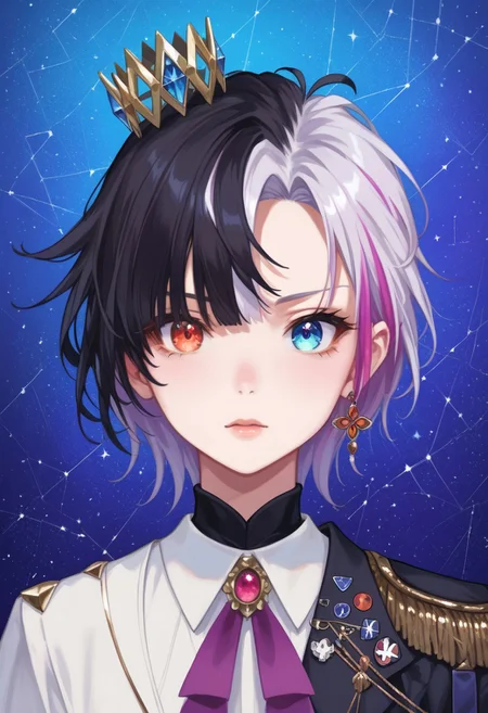 score_9, score_8_up, score_7_up,
masterpiece, best quality, detailed, amazing quality,
detailed background,
detailed eyes, clean eyes,
solo, 1woman,
dynamic pose,
easynegative,
r1np3nr0s3, two-toned hair, heterochromia, red right eye, blue left eye,