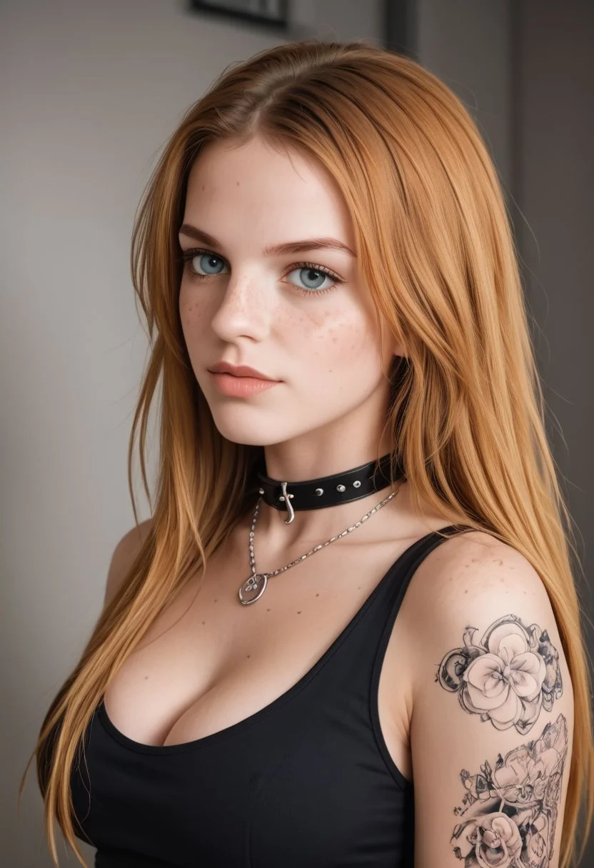 Upper body of a gothic girl, Bestface1, Bestbody1,
wearing black, ginger hair with bangs, long hair, blonde hair, storm clouds, whimsical charm, ethereal glow, (freckles on face), tack sharp focus on eyes, large breast,
wearing a sleevless shirt, unblemished skin, pore correlation, (((colorful tattoos))), necklace,collar,chain,
hyperdetailed,epiCRealism, vibrant color,amazing quality, masterpiece, best quality, hyper detailed, ultra realistic lighting, UHD, soft shadows, high Dynamic,alluring, seductive, dark dreams, from side,SkinHairDetail,posing, Freckles, Natural skin, Beuty , 1dk, portrait, d3t41l3d