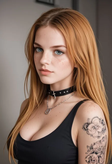 Upper body of a gothic girl, Bestface1, Bestbody1,
wearing black, ginger hair with bangs, long hair, blonde hair, storm clouds, whimsical charm, ethereal glow, (freckles on face), tack sharp focus on eyes, large breast,
wearing a sleevless shirt, unblemished skin, pore correlation, (((colorful tattoos))), necklace,collar,chain,
hyperdetailed,epiCRealism, vibrant color,amazing quality, masterpiece, best quality, hyper detailed, ultra realistic lighting, UHD, soft shadows, high Dynamic,alluring, seductive, dark dreams, from side,SkinHairDetail,posing, Freckles, Natural skin, Beuty , 1dk, portrait, d3t41l3d