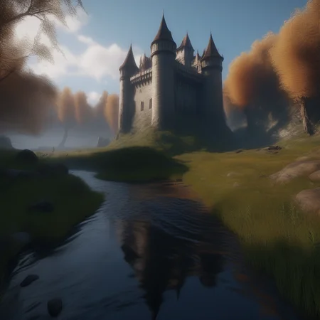 An aspect ratio, 21:9 aspect ratio, masterpiece Breathtaking 8k Unreal Engine, a castle nestled in fields and woods that looks like a (intricate detail, hyper detail, gothic vampire lair: 1. 5), with a small river flowing near the castle, (sharp focus), HDR, global lighting, volumetric lighting, day lighting, cinematic lighting High Definition, Best Quality, (Natural Textures, Surrealism, Sharp: 1.2), (Sharp Focus: 1.2), Volumetric Fog, Caustics <lora:Dark Fantasy:1>