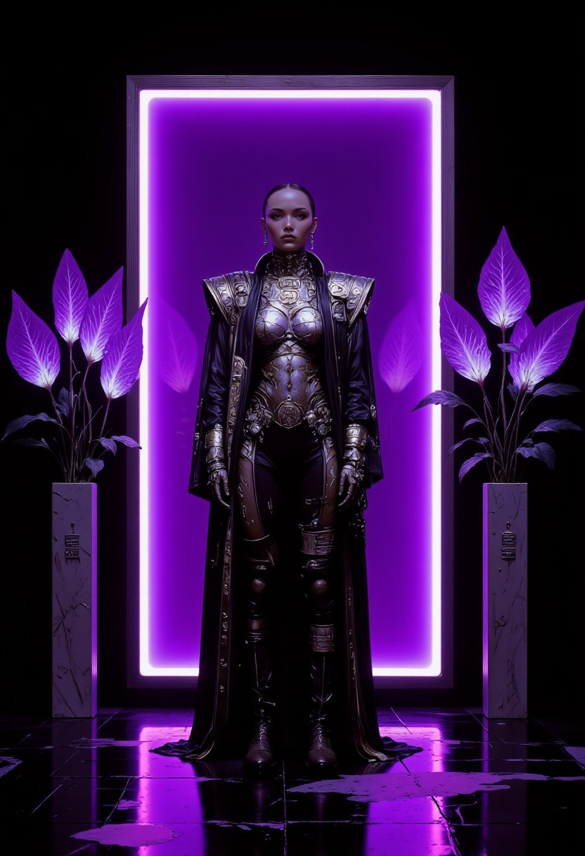 A hyper-realistic, detailed digital artwork in HD 8K quality, a true masterpiece, showcasing a powerful and elegant woman standing in a commanding pose at the center of a dark, minimalist room. She is illuminated by the radiant glow of a massive rectangular frame emitting vivid purple light, its ethereal reflections accentuating her futuristic, avant-garde attire. On either side of her are sleek, modern flower pots, each housing long-stemmed flowers with translucent, glowing purple petals that pulse gently with an otherworldly luminescence, complementing the vibrant light of the frame. She wears a cropped black jacket with exaggerated shoulders, adorned with glowing violet Aztec-inspired geometric embroidery, paired with a metallic silver bodysuit intricately patterned with ancient glyph-like designs. High-waisted pants of deep charcoal, blending sleek leather and textured metallic fabric with iridescent accents, seamlessly fuse the futuristic and historical. Oversized black boots with angular soles anchor her look, adding an edgy cyberpunk aesthetic. Her silhouette glows faintly against the polished black floor, which mirrors the purple light and the luminous flowers. The stark, otherworldly atmosphere enhances the interplay of shadow, light, and glowing elements, making the scene an immersive and visually striking masterpiece.