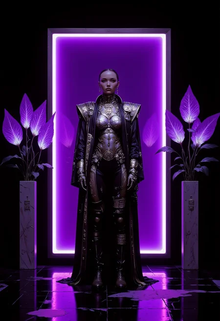 A hyper-realistic, detailed digital artwork in HD 8K quality, a true masterpiece, showcasing a powerful and elegant woman standing in a commanding pose at the center of a dark, minimalist room. She is illuminated by the radiant glow of a massive rectangular frame emitting vivid purple light, its ethereal reflections accentuating her futuristic, avant-garde attire. On either side of her are sleek, modern flower pots, each housing long-stemmed flowers with translucent, glowing purple petals that pulse gently with an otherworldly luminescence, complementing the vibrant light of the frame. She wears a cropped black jacket with exaggerated shoulders, adorned with glowing violet Aztec-inspired geometric embroidery, paired with a metallic silver bodysuit intricately patterned with ancient glyph-like designs. High-waisted pants of deep charcoal, blending sleek leather and textured metallic fabric with iridescent accents, seamlessly fuse the futuristic and historical. Oversized black boots with angular soles anchor her look, adding an edgy cyberpunk aesthetic. Her silhouette glows faintly against the polished black floor, which mirrors the purple light and the luminous flowers. The stark, otherworldly atmosphere enhances the interplay of shadow, light, and glowing elements, making the scene an immersive and visually striking masterpiece.