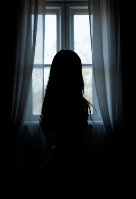A silhouette of a girl with long hair standing by a window, backlit by dramatic lighting. The curtains and dark theme create a mysterious and somber mood.