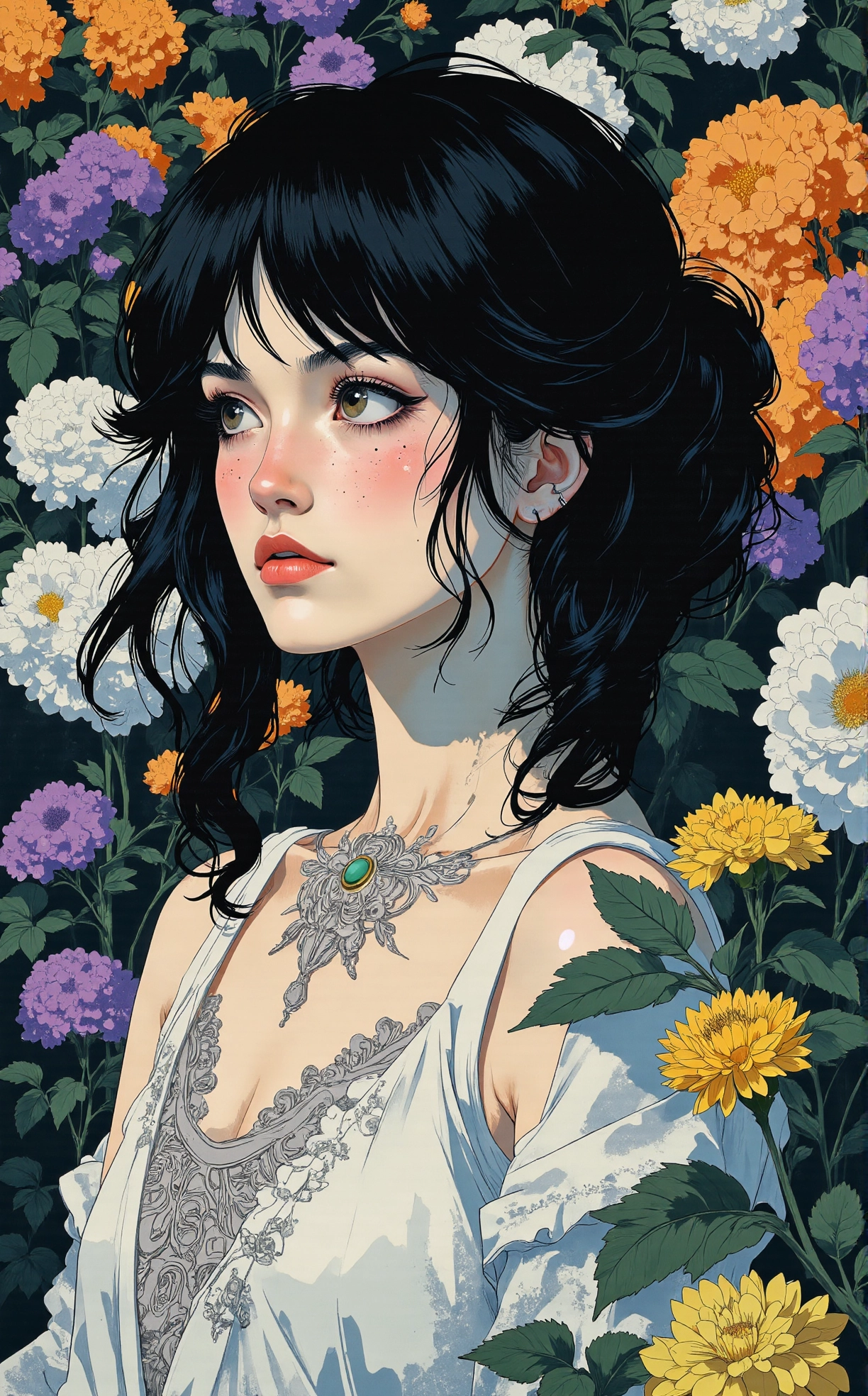 Off-center composition, dramatic shadow emphasis, The image is a digital art piece that appears to be a portrait of a young woman with dark hair that is styled in loose curls and cascades down her back. She is wearing a white dress with intricate patterns and designs on it. The woman is looking off to the side with a thoughtful expression on her face. The background is filled with a variety of colorful flowers and plants, including white flowers, purple flowers, and yellow flowers. The flowers are scattered throughout the image, creating a sense of depth and movement. The overall mood of the image is dreamy and ethereal. The colors are vibrant and the overall mood is peaceful and serene., dark and dim light, anime artwork comic fantasy art by Posuka Demizu, Illustration, dark art by Algernon Blackwood, drawing, , supernatural fiction, horror, atmospheric storytelling, psychological depth, manga, intricate and detailed illustrations, fantasy and adventure themes . graphic illustration, comic art, graphic novel art, vibrant, highly detailed . anime style, key visual, vibrant, studio anime, highly detailed