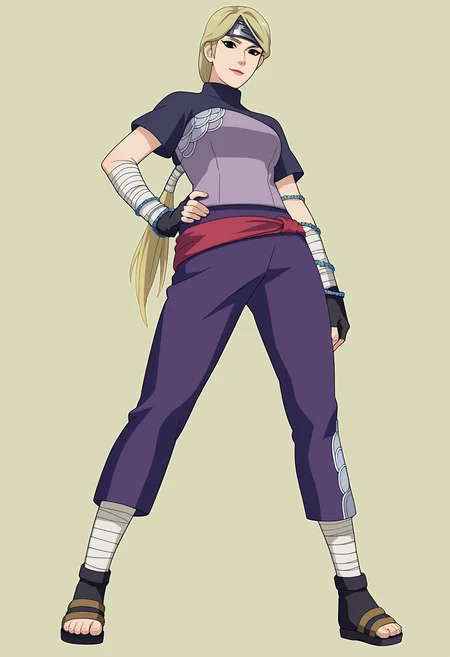 score_9,score_8_up,score_7_up, game cg,
from below,standing, hand on hip,
yugitore, solo, 1girl, looking at viewer,
black eyes, blonde hair, forehead protector,lipstick, breasts, ponytail,
black and purple blouse, short sleeves, fingerless gloves, bandaged arms, bracelet around arm,
purple pants, red belt,
serious, smile, closed mouth,
bandaged legs, sandals,
simple background,perfect lighting,
<lora:Naruto_YugitoNii_RE_PXL-000019:1>