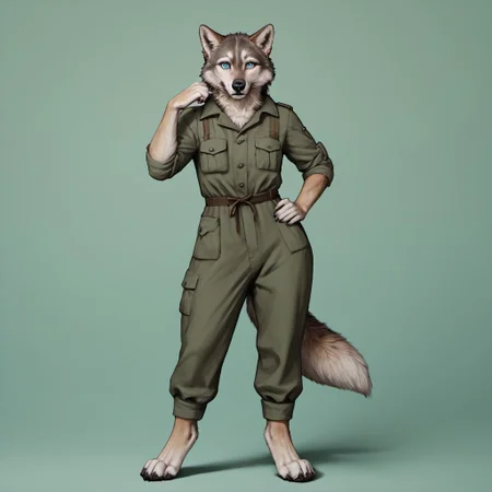 score_9, score_8_up, score_7_up, source_furry, detailed face, detailed eyes, incredible detail BREAK 1girl, solo, anthro, wide shot (furry female, wolf, light brown fur, monotone fur, light blue eyes,slightly wide hips, small breasts), black nose, whiskers, ear flop, solo, looking at viewer, simple background, green background, full body, hunter outfit, archer outfit, shy pose