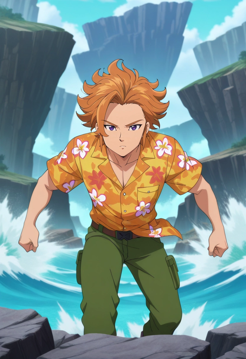 masterpiece, best quality, intricate details, anime screencap, anime coloring, official style, looking at viewer, 1boy, solo, male focus, <lora:arthur_pendragon_ilxl:0.94>, arthur_pendragon, orange hair, purple eyes, short hair, mystic island, towering cliffs, crashing waves, hidden ruins, exploring pose, adventurous expression, tropical glow, Hiking pants, Hawaiian shirt, , ,