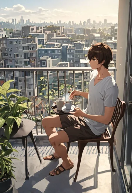 Highres, Masterpiece, High Quality, 4K, 8K, solo, 1Boy, Seiya Kanie, short dark brown hair, golden eyes, home balcony, city view, small table, balcony chair, houseplants, fresh air, morning, breeze, soft sunlight, calm, peaceful, holding a cigarette, cup of coffee, v-neck t-shirt, shorts, relaxing, enjoying moment, ashtray, coffee cup, easynegative, detailed_eye_model