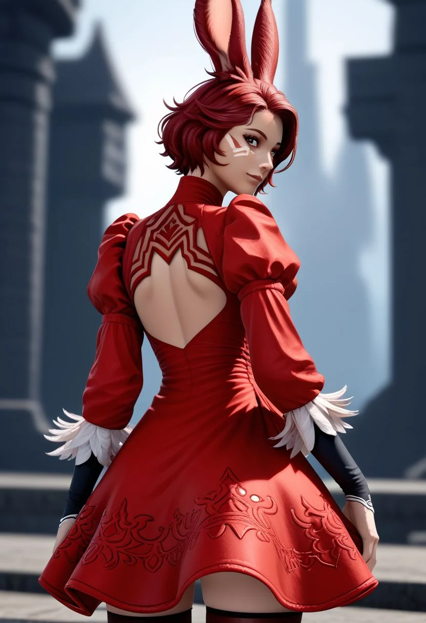 no2 type b dress, 1girl, animal ears, rabbit ears, viera, dress, solo, cosplay, feather-trimmed sleeves, short hair, blurry background, puffy sleeves, red hair, back cutout, from behind, blurry, facial mark, clothing cutout, long sleeves, looking back, looking at viewer, thighhighs, red dress, juliet sleeves, whisker markings, feather trim, dark-skinned female, BREAK PonyXLV6_Scores