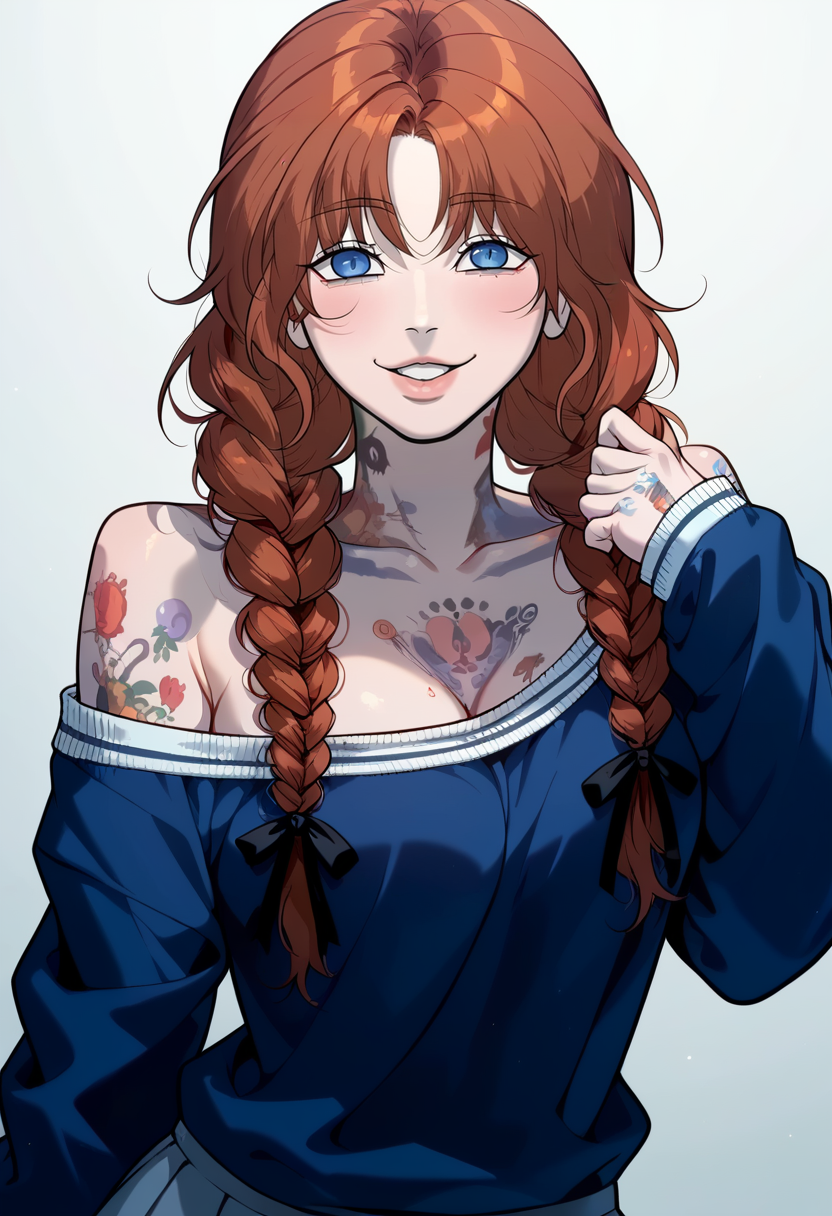 score_9, score_8_up, score_7_up, uncensored, Expressiveh BREAK 1girl, solo, killerpetermatthew, long hair, brown hair, twin braids, blue eyes, tattoo, full tattoo, neck tattoo, blue sweater, off shoulder, pleated skirt, black hair ribbon, medium breasts, hourglass figure, curvy, wide hips, seductive smile, parted lips, looking at viewer, close-up, facing viewer, blushing, simple background, posing for viewer, dynamic pose, <lora:KillerPeterMatthew:0.9> <lora:add-detail-xl:0.9> <lora:cfg_scale_boost:0.8> <lora:Expressive_H:0.9> <lora:DetailerIL:1> <lora:HandFixer_pdxl_Incrs_v1:0.6>