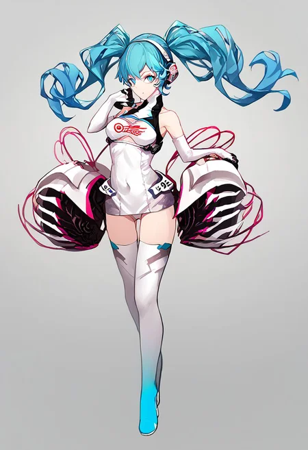 score_9, score_8_up, score_7_up, score_6_up, score_5_up, score_4_up, source_anime, 1girl,
racingmiku2014, twintails, headphones, race queen, white leotard, clothing cutout, cleavage cutout, underboob cutout, white gloves, elbow gloves, white thighhighs, thigh boots, bare shoulders,
masterpiece, best quality, very aesthetic, absurdres,