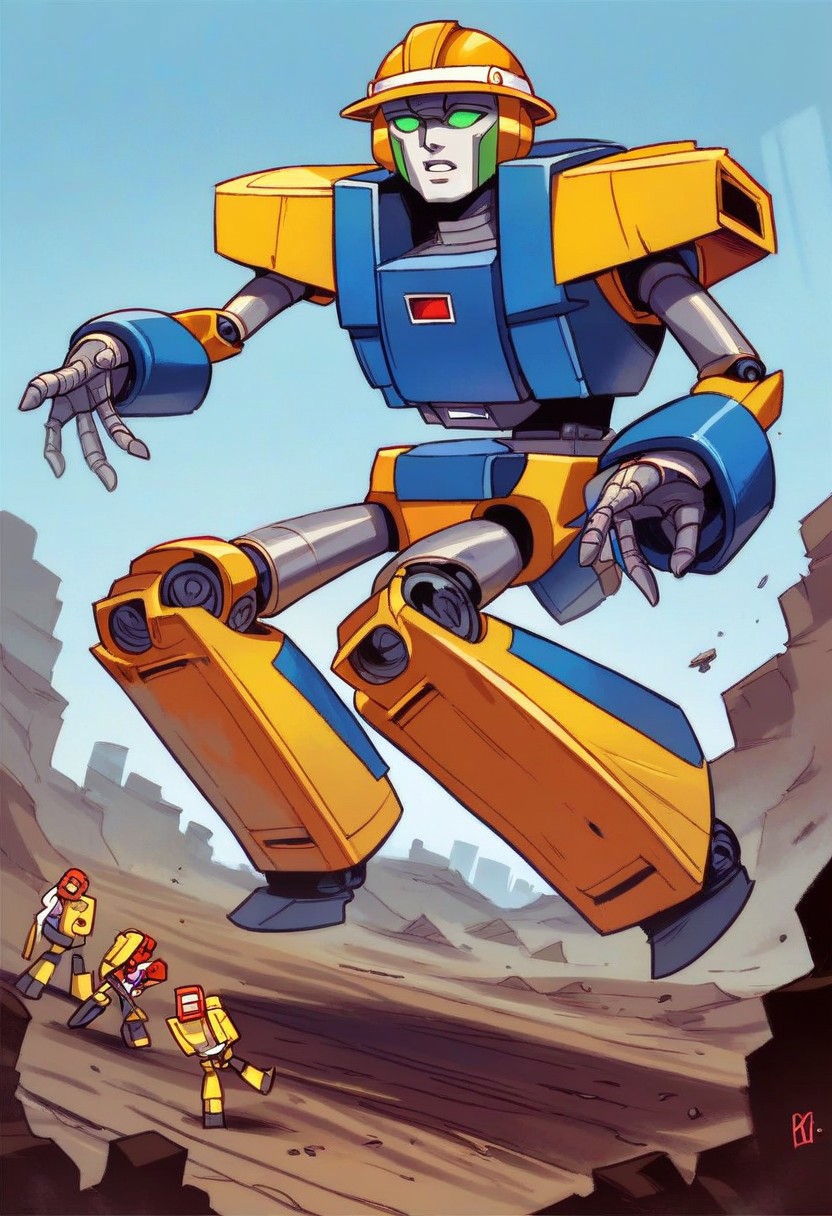 score_9, score_8_up, score_7_up, score_6_up, score_5_up, ,dynamic pose,cartoon, 
BREAK
1male, robot male, (((transformers))), (((constructicons))), transformers animated, (((mixmaster))), (((scrapper))), robot, crawler treads, overalls,  (((construction robot))), (((hard hat))), black & yellow, industrial, heavy duty, (((green and purple))), (((construction vehicles)))
BREAK dynamic pose, (((realism))), anatomically correct, 4k, masterpiece, Expressiveh, best quality, highly detailed, solo focus, 1girl, solo, retro artstyle,
(((constructionyardai)))