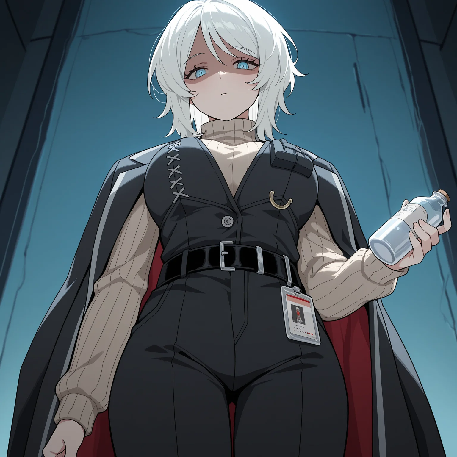 masterpiece, best quality, amazing quality, anime screencap, 1girl, solo, standing, cowboy shot, from below, looking at viewer, shaded face, <lora:FaustLimbus:0.9>, FaustLimbus, medium hair, white hair, blue eyes, large breasts, black coat, black vest, turtleneck sweater, belt, black pants, black shoes, holding, medicine bottle,