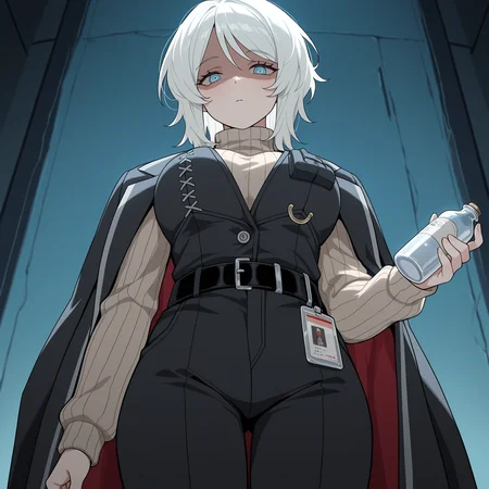 masterpiece, best quality, amazing quality, anime screencap, 1girl, solo, standing, cowboy shot, from below, looking at viewer, shaded face, <lora:FaustLimbus:0.9>, FaustLimbus, medium hair, white hair, blue eyes, large breasts, black coat, black vest, turtleneck sweater, belt, black pants, black shoes, holding, medicine bottle,