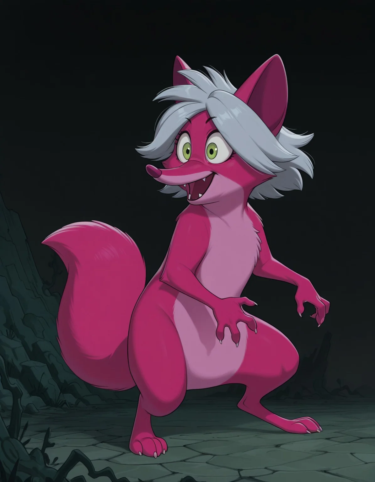 smooth quality, masterpiece, very intricate, high quality details, ultra realistic, high detailed skin, detailed environment, absurdres, solo, simple background, black background, color drain, erosfoxmadammim, fox, pink fur, green eyes, grey hair, pointy ears, tail