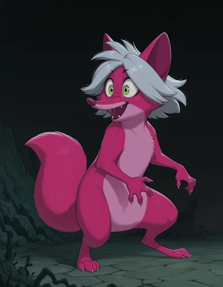 smooth quality, masterpiece, very intricate, high quality details, ultra realistic, high detailed skin, detailed environment, absurdres, solo, simple background, black background, color drain, erosfoxmadammim, fox, pink fur, green eyes, grey hair, pointy ears, tail
