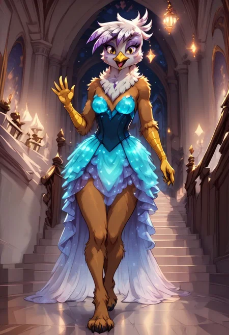 score_9, score_8_up, score_7_up, anthro,
(((Gilda))), Griffon,
facing viewer, front view, female focus, view from chesthight,
g5, pony, female, mare, tail, dock, solo, 1girl, highly detailed, beautiful, detailed eyes, detailed fur, beautiful eyes, (tall), ((perfect body proportions), (beautiful long legs),
small breasts, show accurate skin colour,
long hair, fluffy hair, biggest hair,
(((walking ((down)) a grand staircase))), (((waving to viewer))), ((happy, excited, smiling at viewer invitingly)),
(((wearing a beautiful eyecoloured bioluminescent shoulderfree ballgown))), glowing ballgown,
BREAK,
highly detailed background, (((nighttime))), night
inside Canterlot castle, ballroom, ((grand staircase)), mirror marble floor, (((dimmed lights in the room))),