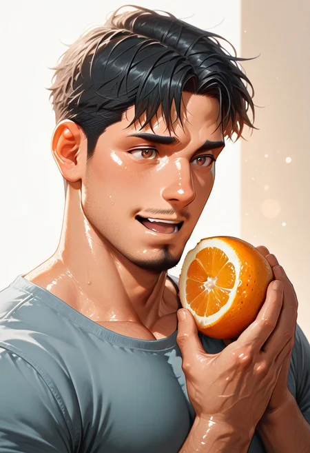 masterpiece, best quality, amazing quality, absurdres, newest, detailed background, definition so sharp, Ultra-HD, 8K cinematic, very awa, impressionate, amazing quality, highres, simple background, abstract,
solo, male focus, manly, shadow, shiny skin, pastel colors, soft coloring, bokeh,
orange peel, BREAK torithor, (1boy, bara, short hair, black hair, brown eyes, facial hair), extream close-up, casual clothes, excited, cheerfull, orange \(fruit\), <lora:Orange_Peel:0.8>