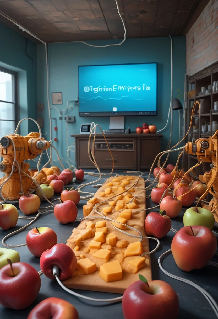end_tripwire_morph, no humans, food focus, food made of electrical cables, an electrical cable sculpture of an apple, indoors, wires, made of wires, cables, outlined with wires, wire sculpture, neon wire sculpture, gradient overlay, PonyXLV6_Scores