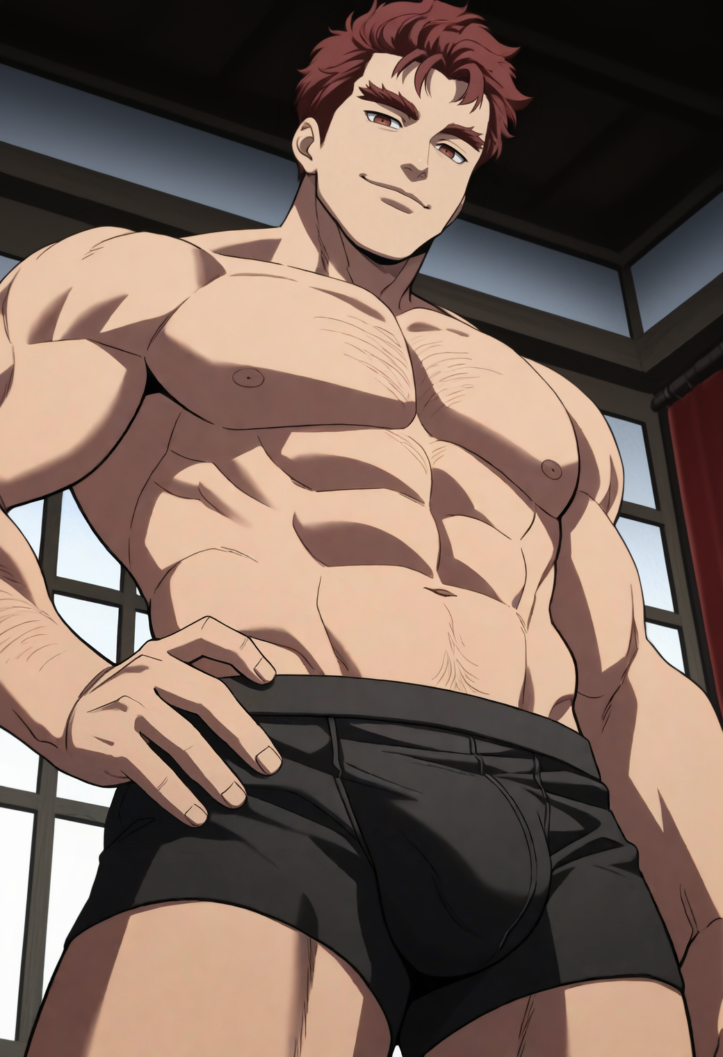 masterpiece,best quality,anime screencap,linear hatching,
1boy,manly,
15htv4n,red hair,red eyes,short hair,thick eyebrows,
looking at viewer,seductive smile,
sparse chest hair,(strongman waist:0.8),hairy,
hand on own hip,
topless male,abs,(navel hair:0.7),(from below:1.1),black boxer briefs,(side bulge),
<lora:ishtvan_gaidar_NAI_EPS_1_1_CAME_v1_rev2:1>,âââ